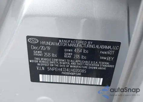 2020 Hyundai Sonata Limited z USA, uszkodzony, nr VIN 5NPEH4J24LH020085